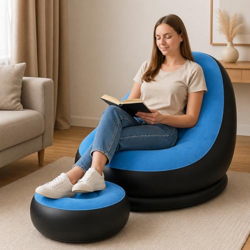 Image of Inflatable Lounge Chair for Adults with Ottoman, Foldable Air Sofa Couch, Portable Blow Up Chair for Living Room Bedroom, Comfortable Indoor Seating, 150 kg Capacity (Light Blue)