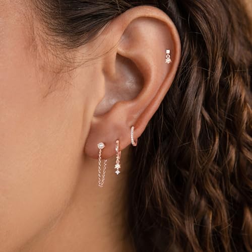 Image of Gold Earrings for Women, 14k Gold Plated Dangle Huggie Earrings for Women Trendy Dainty Gold Hoop Earring Stacks Hypoallergenic Pearl Chain Drop Cartilage Earring Fashion Womens Jewelry