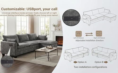 Image of 110.4 inch L Shaped Modular Sectional Sofa, Comfy Upholstery Chenille Cloud Couch with USB, Modern 4-Seat Deep Seat Sofa with Ottoman for Living Room, Apartment, Grey