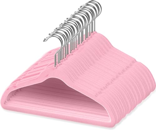 Image of TechZoo 50 Premium Baby Velvet Hangers - 11.8 Inches Non-Slip & Ultra-Slim Baby Hangers for Space-Saving & Children Clothes - 360 Swivel Hook, Strong & Durable Infant & Toddler Clothes Hanger - Pink