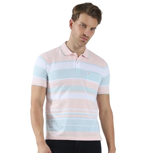 Image of Monte Carlo Mens Cotton Blend Regular Fit Polo T-Shirt | Half Sleeve | Striped Pattern| Casual Everyday Wear | Stylish & Comfortable Tshirt