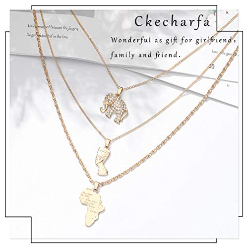 Ckecharfa Boho Rhinestone Layered Necklaces Gold Africa Map Necklaces Elephant Choker Egyptian Queen Necklace Beach Adjustable Neck Chain Jewelry Accessories for Women2