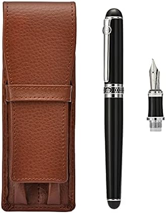 Duke, penna stilografica con pennino fude e medio intercambiabili, per scrittura a mano, firma, calligrafia, disegno e schizzi, con astuccio per la penna in pelle color caffè, set artistico