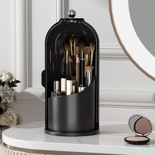 Image of YOOLENS Makeup Brush Holder with Lid 360 Rotating Clear Dustproof Make Up Organizers for Vanity Bathroom Countertop, All Black
