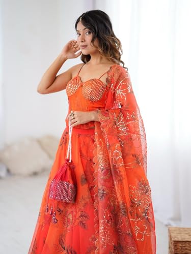 Image of MARUTI FASHION HOUSE Readymade Lehenga Choli Indo-Western Set For Womens & Girls Heavy Pure Organza digital printed 8mtr flair lehenga with canvas patta can can and with dori Chaniya Choli Wedding