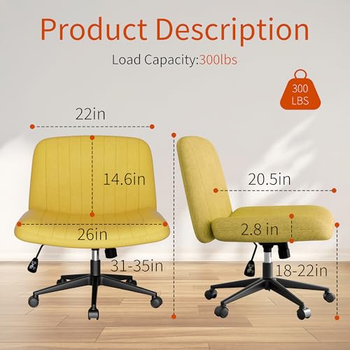 Image of Criss Cross Chair with Wheels, Cross Legged Office Chair, Armless Office Chairs Adjustable Height Swivel Tilting Fabric Vanity Chairs for Home Bedroom (Yellow)