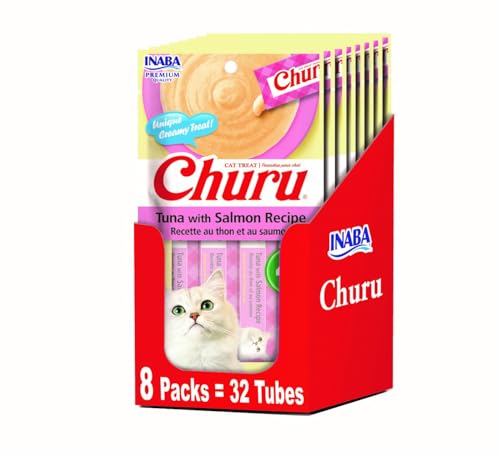 Image of INABA Churu Lickable Puree Natural Cat Treats - Tuna with Salmon Recipe (4 Servings per Package, 8 Packages) (32 Tubes)
