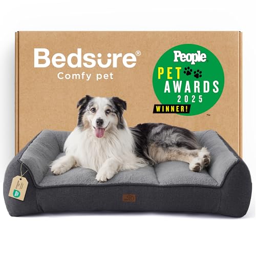 Bedsure Lettino Lavabile per Cani Grande - 106x76cm Divano per Cani Extra Spesso e di Sostegno con Rivestimento Impermeabile, Cuccia Antiscivolo in Peluche Sherpa Morbido, Grigio Scuro