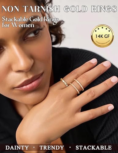 HAIAISO Stackable Gold Rings for Women Non Tarnish 14K Gold Plated Cubic Zirconia Rings Dainty Pinky Ring Set Size 5 to 102