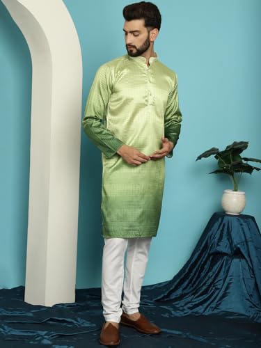 Image of SOJANYA (Since 1958, Men's Jacquard Silk Multi Shade Sequinned & White Pyjama Set