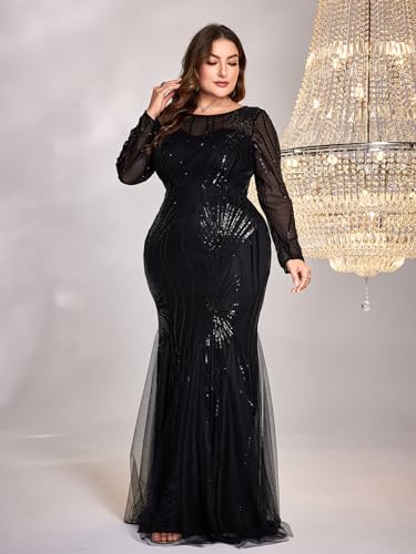 Image of Plus Size Long Sleeve Sequin Evening Dress Glitter Mermaid Long Gown for Mother of The Bride Or Wedding Guest