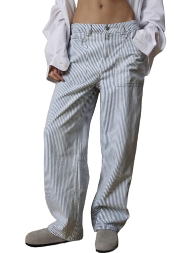 LifeShe Women Striped Baggy Barrel Jean Low Rise Straight Denim Pants Patch Pocket Barrel Trousers