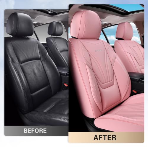 Image of Coverado Car Seat Covers Front Seats, 2 Piece Car Seat Protector with Lumbar Support & Removable Headrest, Breathable Leather Seat Cushion Universal Fit for Truck Automotive Vehicles Pink