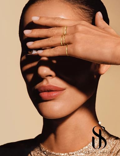 Jstyle Gold Stackable Rings for Women Non Tarnish Open Adjustable Rings Cubic Zirconia Thin Thumb Silver Ring Set 14K Gold Filled Pinky Knuckle Stacking Set - Dainty Statement Promise Band Ring Sets4