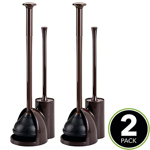 Image of mDesign Hidden Plunger and Brush Set for Toilet Bowl - Brush Cleaner and Plunger Combo with Holder Caddy for Bathroom - Modern Toilet Brush and Plunger Set - Aura Collection - 2 Pack - Dark Brown