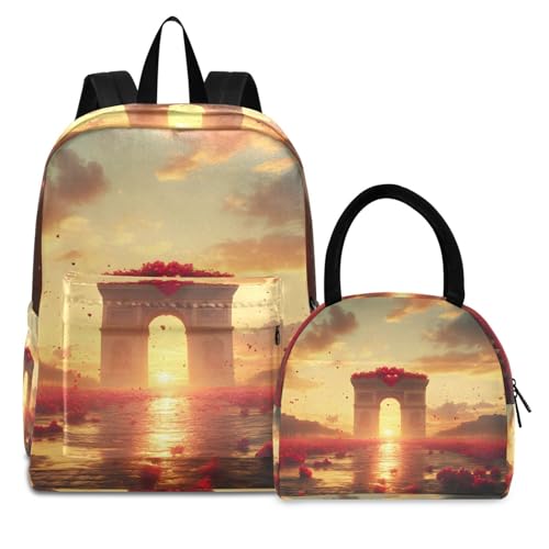 Romantic Paris Print Backpack Set with Lunch Bag, Large Capacity Travel Backpacks and Lunch Box Insulated for Commute Hiking Picnic