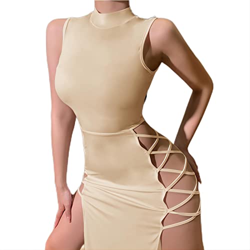 WANWEN Sexy Kleid Damen für Party, sexy Kleid für die Clubnacht, Damen, lässiges schwarzes Split-Cocktailparty-Clubkleid mit hohem Schlitz (beige,S) Cover