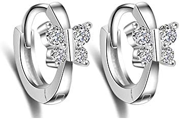Cute Butterfly Sleeper Small Hoop Earrings Sterling Silver 925 CZ Crystal Huggie Round Cartilage Tragus Mini Hoops Earring Ear Cuffs Piecing Dainty Jewelry Gifts for Women Teen Girls Sensitive Ears (White Gold)