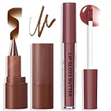 Lip Liner And Gloss Set,Dark Brown Plumping Lip Liner Stain& Moisturizing Butter Glossy Liquid Lipstick,Matte & High Shine Glossy, Long Lasting Waterproof Lightweight