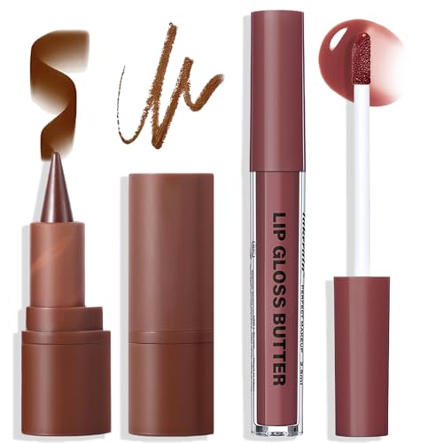Lip Liner And Gloss Set,Dark Brown Plumping Lip Liner Stain& Moisturizing Butter Glossy Liquid Lipstick,Matte & High Shine Glossy, Long Lasting Waterproof Lightweight