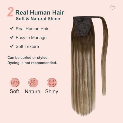 Image of Easyouth Ponytail Extension Human Hair, Medium Brown Balayage Caramel Blonde, 12 Inch 70G, Pony Tail Extensions, Add Length and Volume for Women