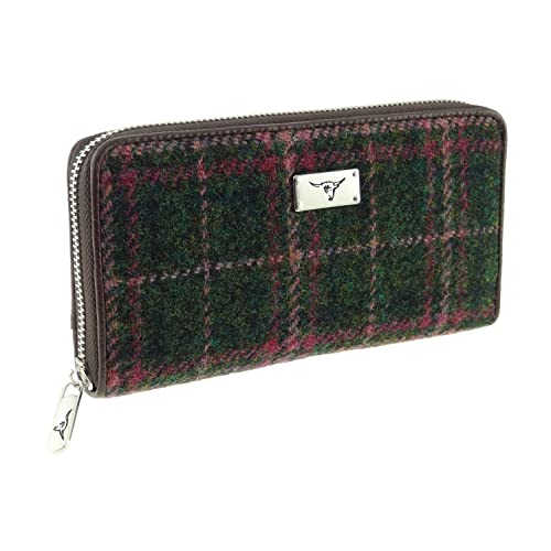 KWH Glen Appin of Scotland Dark Green & Plum Tartan Check Harris Tweed Ladies Staffa Zip Round Purse Wallet