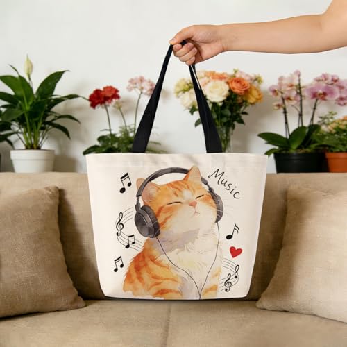 Bolso tote con diseño de auriculares y gato, bolso de hombro ligero y lavable, regalo estético para mujeres y amigas miniatura 3
