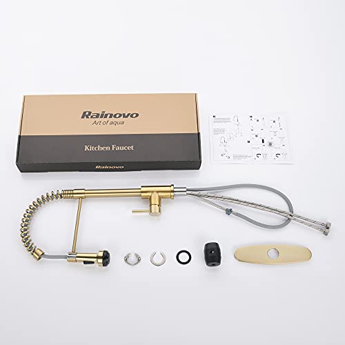 Rainovo Kitchen Faucet With 4 Mode Pull Down Sprayer Brushed Gold, Spring Kitchen Sink Faucet Stainless Steel With Deck Plate, Single Handle Faucets High Arc Modern With Pull Out Sprayer #TOP5