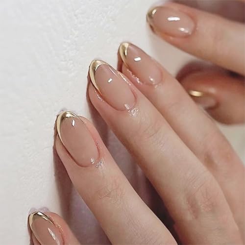 Image of Secret Lives Glossy Nude Pink Press-On Nails with Gold French Tips - Almond Shape Artificial False Nails 24-Pieces Set with Kit