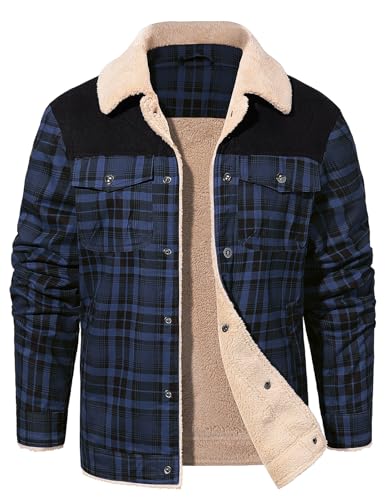 Svanco Men's Lumberjack Checked Flannel Overshirt - Fleece Lined Padded Shirt Jacket Navy Blue