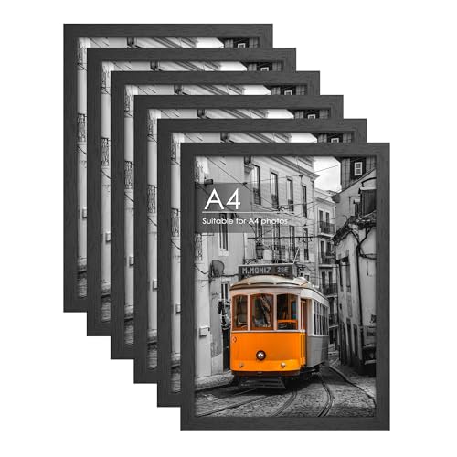 QPQIYIY 6 Pack A4 Black Picture Frame 100% Solid Wood and Shatterproof Plexiglass Multi-Purpose Display for Photos Posters and Artwork - Versatile Tabletop or Wall Mount Design