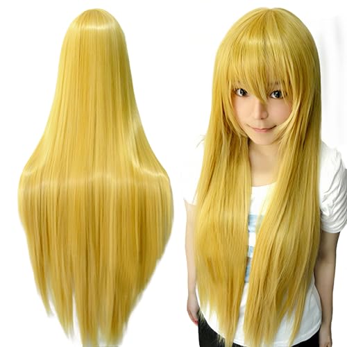 IMISSU 80cm Long Straight Natural Hair Cosplay Wigs with Bangs Colorful Halloween Costume Party Wig for Women (Yellow)
