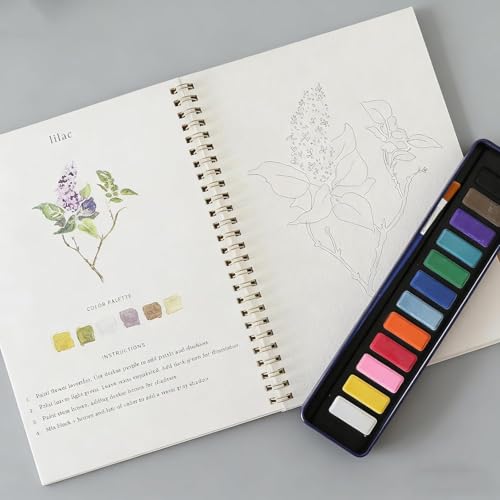 Image of Watercolor Workbook, Water Coloring Book, 12 Different Patterns of Original DIY Designs, 12 Colors Watercolor Paint Set with Palette and Brush, Beginner-Friendly Watercolor Workbooks(Flower-A)