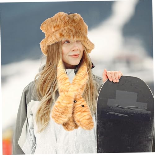 1Set Cute Tiger Print Hat and Scarf Women Plush Animal Ear Beanie Fluffy Bucket Hat Winter Warmth Face Flattering Design4