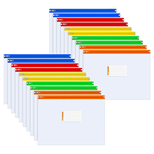 Sooez 20 Pack Zip Envelopes with Metal Zipper, Colored Edges Zipper Envelopes Bags Folders A4 US Letter Size Pouch with Label Pocket, Perfect for School Office Home Travel Storage, 5 Assorted Colors