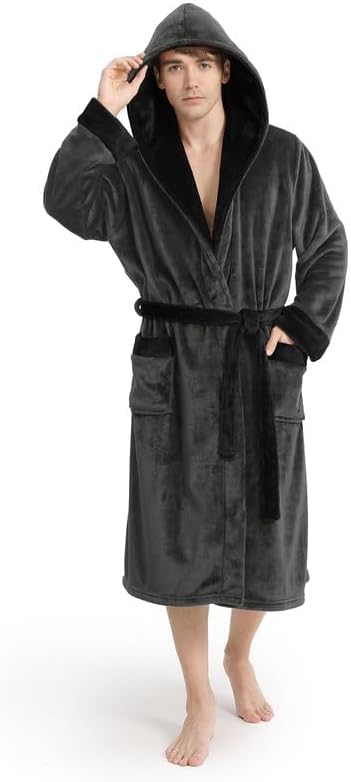 Yurhap Luxury Mens Robe with Hood, Ultra Cozy Fleece Bathrobe for Men, Plush Hooded Robe with Belt & 2 Pockets - Image 2
