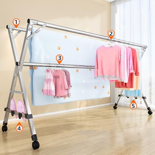 Étendoir à linge rétractable pliable inox avec roues universelles