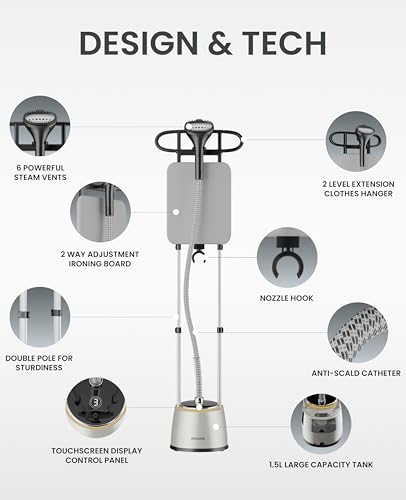 OWNAIR Standing Iron Steamer For Clothes | 2000W Standing Garment Steamer with 1.5L Water Tank, LED Touch Screen, 42g/min Steam, 8 Heat Modes & Adjustable Ironing Board | Vertical & Horizontal Iron