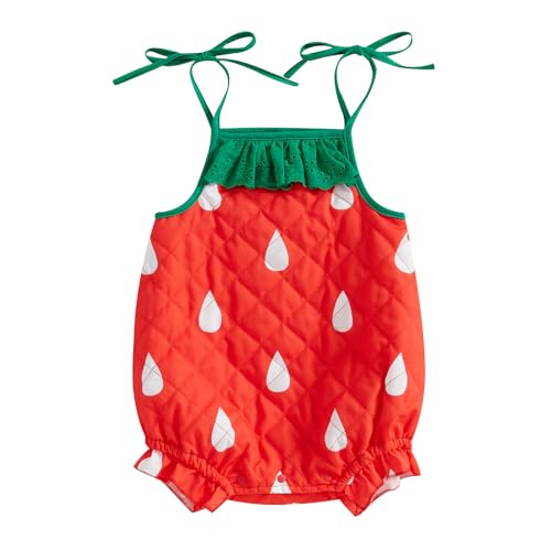 Licupiee Newborn Girl Quilted Strawberry Romper Infant Baby Lace Trim Sleeveless Tank Bodysuit Halloween Christmas Outfits (Red Strawberry 2-3T)