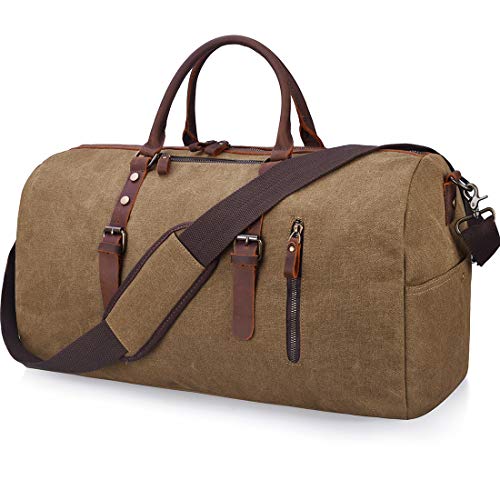 Travel Duffel Bag Large Canvas Duffle Bag for Men Women Leather Weekender Overnight Bag Carryon Weekend Bag Brown