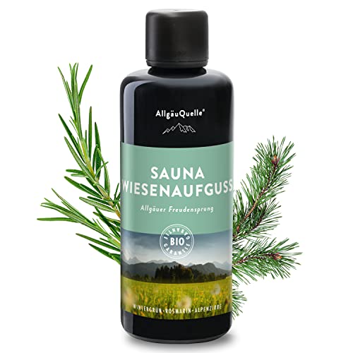 AllgäuQuelle® Saunaaufguss mit 100% BIO-Öle Freudensprung Wintergrün, Rosmarin, Alpenzirbe (100ml). Natürlicher Sauna-Aufguss mit Sauna-ätherische-Öle im Aufguss-Mittel.