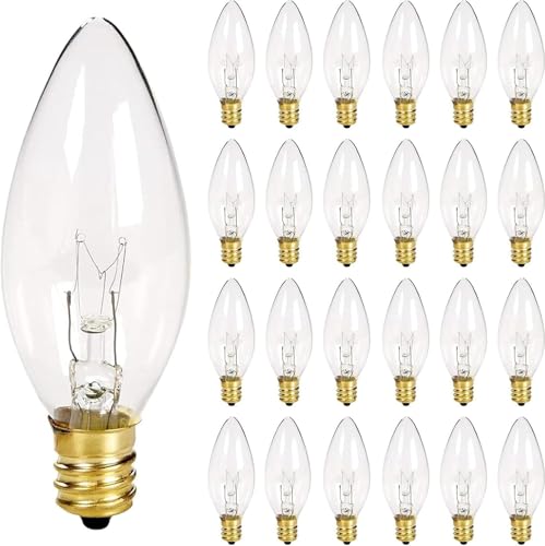 Oviejo 25 Pack Clear Torpedo Tip Replacement Bulbs, 7 Watt C26 Incandescent Bulbs for Electric Candle Lamps, Window Candles, Chandeliers, E12 Candelabra Base Light Bulbs