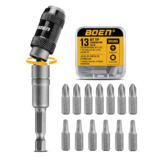 boen 14PCS Pivoting Magnetic Bit Holder with Screwdriver Bits Swivel Drill Bit Extension 1/4-Inch SAE Hex Shank for Impact Driver Narrow Corners Use
