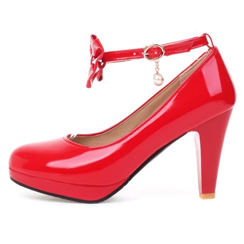 Asterisco Women Cone Heel Pumps with Platform Ankle Strap Bows High Heel Shoes Round Toe Buckle Elegant Heels, Size 2-13.53