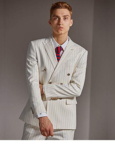 Men's Double Breasted Pinstripe Ivory with Gold Strip Suit Slim Fit Peak Lapel Wedding Tuxedo Sets3