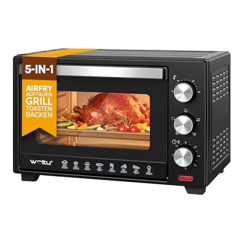 WOLTU BF11sz Mini Backofen 25 Liter, 1400 Watt Toasterofen | Pizzaofen | Krümelblech mit Timer Minibackofen für Pizza, Toast, Truthahn, Hot Dogs Schwarz