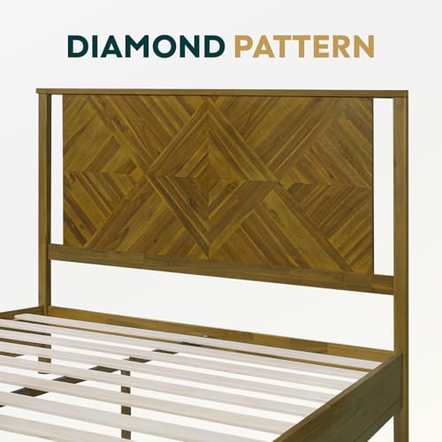 Image of Bme Ethan Queen Bed Frame with Diamond Headboard, Mid-Century Modern, Solid Acacia Wood, No Box Spring Needed, Fits All Mattresses, Rustic Brown