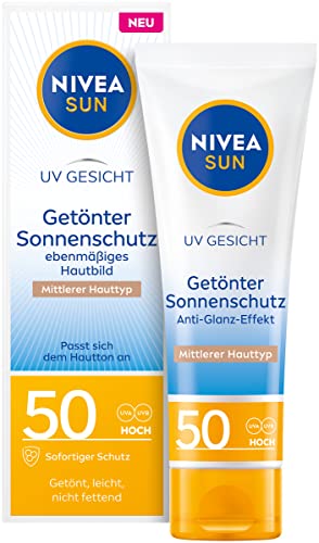 NIVEA SUN Crema solar facial SPF 50, crema solar hidratante facial, crema solar teñida para una tez uniforme, protección solar uniforme (50 ml)