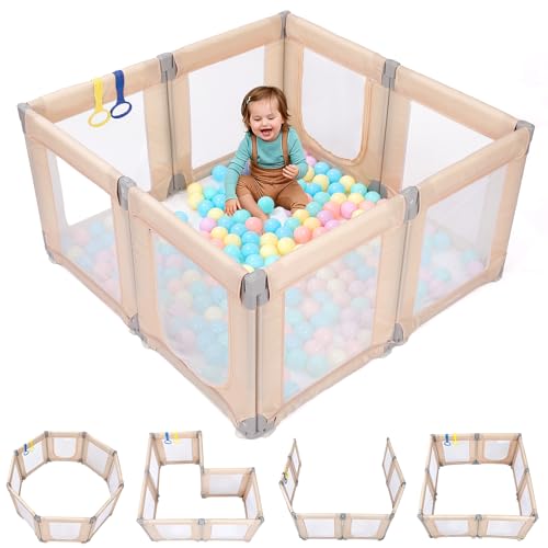 Image of Dripex Small Foldable Baby Playpen, 49 inchx47 inch Small Space Play Yard for Travel - Portable Collapsible Play Pen for Babies, Indoor Outdoor Baby Fence, Beige