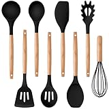 P&P CHEF Silicone Cooking Utensils Set, 8-Piece Kitchen Cooking Utensil with Wooden Handle, Silicone Spatula for Nonstick Cookware, Heat-proof & Easy Clean, Black
